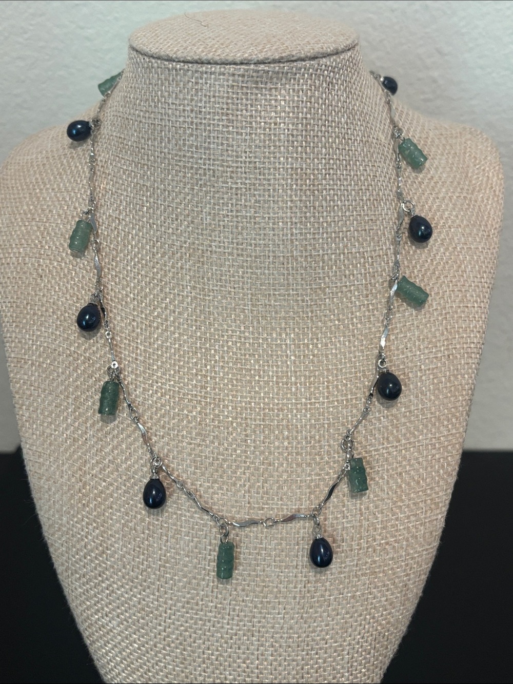 Vintage Sterling Silver Green Jade & Dark Pearl Station Dangle Necklace